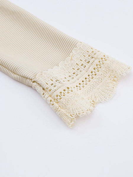 Women's Lace-Trimmed Ribbed V-Neck Blouse with Bell Sleeves