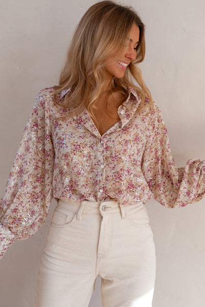 Stylish Women's Pink Floral Bishop Sleeve V-Neck Shirt - Chic Spring & Summer Top for Effortless Fashion