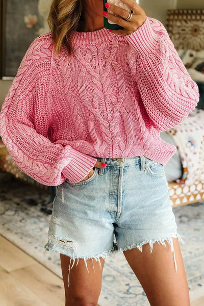 Cozy Women's Pink Cable Knit Sweater - Loose Fit Raglan Top for Everyday Comfort and Stylish Casual Wear