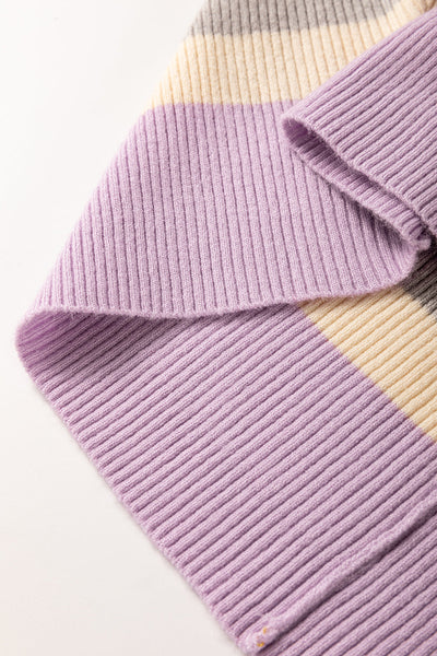 Cozy Purple Striped Dolman Sleeve Sweater for Women - Rib Knit, Cuffed Design for Effortless Style and Comfort
