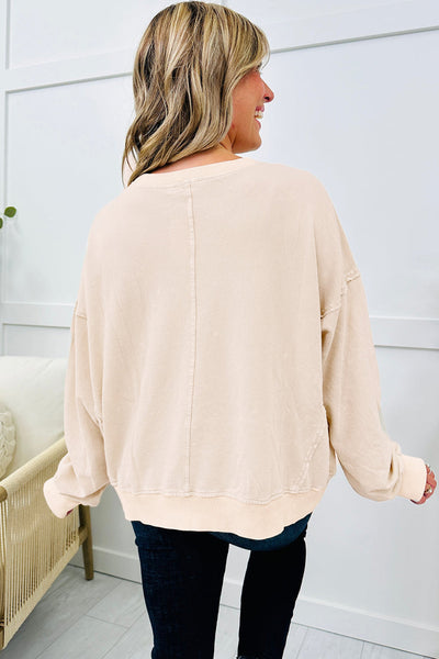 Plus Size Women's Beige Floral Stitch Long Sleeve Top - Stylish Round Neck Tee for Comfortable Everyday Wear