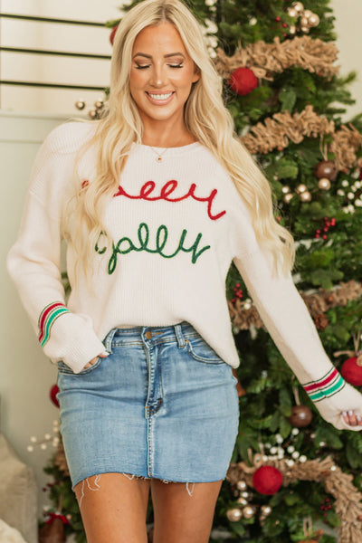 Women's Cozy Beige Holly Jolly Graphic Sweater - Classic Fit with Tinsel Accents for Festive Holiday Style