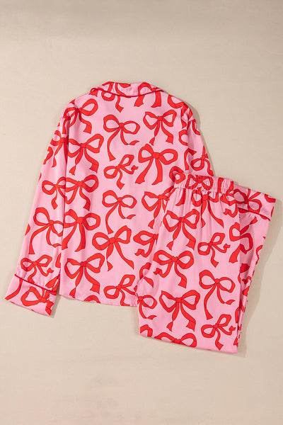 Cozy Women's Pink Bow Print Long Sleeve Pajama Set - Stylish 2-Piece Sleepwear for Comfortable Nights