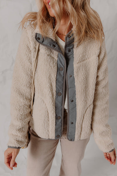 Cozy Women's Oatmeal Sherpa Fleece Winter Jacket with Snap Buttons & Contrast Trim for Ultimate Warmth and Style