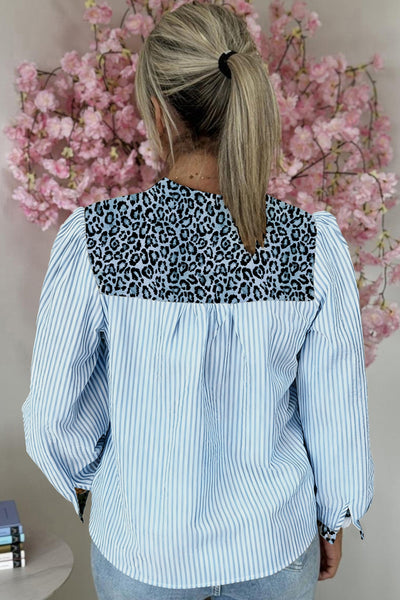Women's Sky Blue Striped Blouse with Leopard Trim Detail