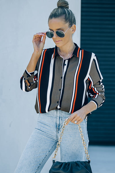 Chic Women's Black and Brown Striped Shirt - Tailored Fit for Effortless Style and Versatile Everyday Wear