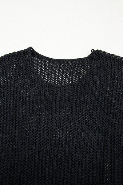 Cozy Women's Black Crochet Pullover Sweater - Stylish Openwork Knit for Effortless Chic Look and Comfort