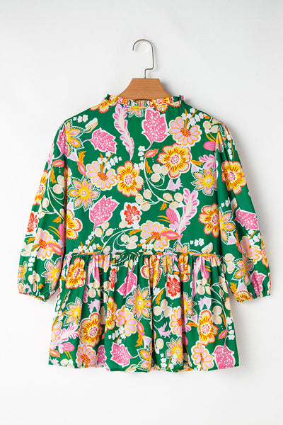 Women's Green Floral Puff Sleeve V-Neck Peplum Blouse - Chic & Flattering Top for Casual or Dressy Events