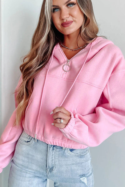 Trendy Women's Pink Cropped Hoodie Sweatshirt with Quarter Zip and Drop Shoulder for a Relaxed, Stylish Look