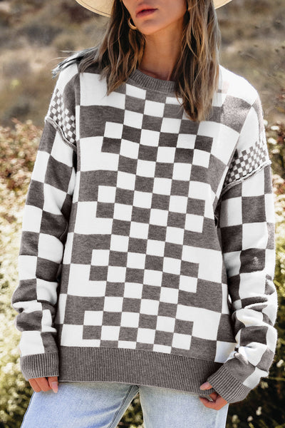 Cozy Gray Checkered Drop Shoulder Sweater for Women - Chic Round Neck Knit Top for Effortless Casual Style