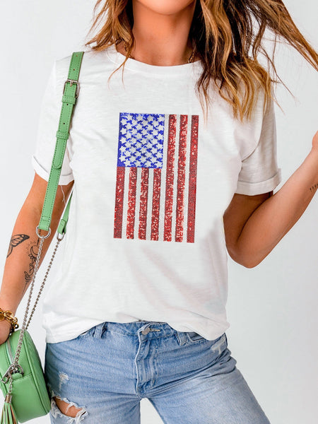 Shimmering White American Flag Print T-Shirt