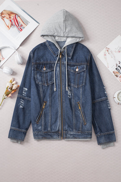Stylish Women's Dark Blue Hooded Denim Jacket - Zip-Up Casual Layer for Everyday Outfits and Chic Outings
