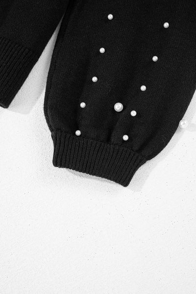 Elegant Black Pearled Drop Shoulder Sweater for Women - Cozy Round Neck Knit Top with Stylish Design and Comfortable Fit