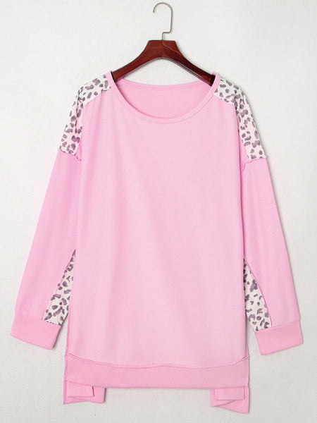 Pink Leopard Patchwork Plus Size Sweatshirt with Exposed Seams