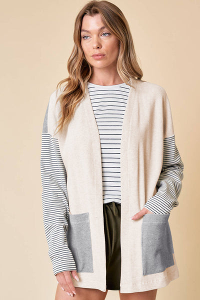 Trendy Women's Black and White Stripe Colorblock Cardigan with Pockets  Stylish Open Front Layer for Casual Chic Outfit