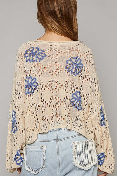 Chic Women's Beige Eyelet Sweater with Floral Print & Drop Shoulder Design for Effortless Casual Style