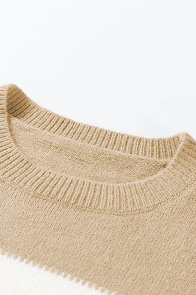 Cozy Dusty Pink Color Block Sweater for Women with Lantern Sleeves & Drop Shoulders - Chic Knitwear for Any Occasion