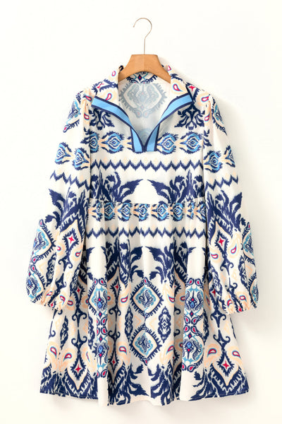 Women's Flowing Blue Ethnic Print Mini Dress with Split Neck and Long Sleeves for Effortless Boho Chic Style