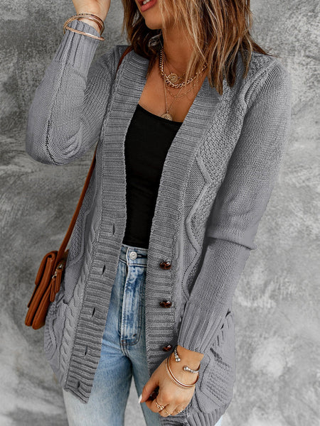 Cozy Dark Gray Knit Button-Up Cardigan with Front Pockets