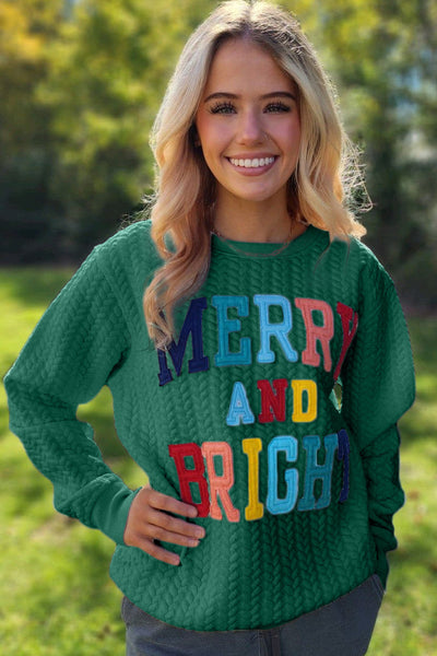 Women's Blackish Green Merry & Bright Cable Knit Pullover Sweatshirt - Cozy Holiday Style, Perfect for Winter Layers