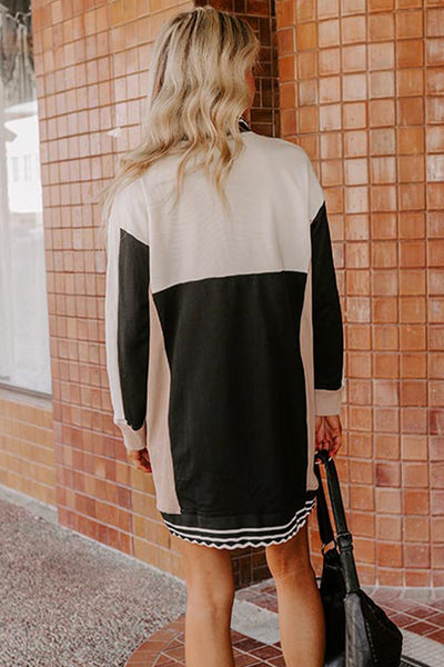 Women's Stylish Black Color Block Long Sleeve Mini Dress with Quarter Zip Comfy Fit for Casual Outings and Events