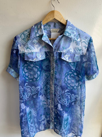 Vintage Sheet Western Shirt | Blue Paisley Bloom | Size Medium