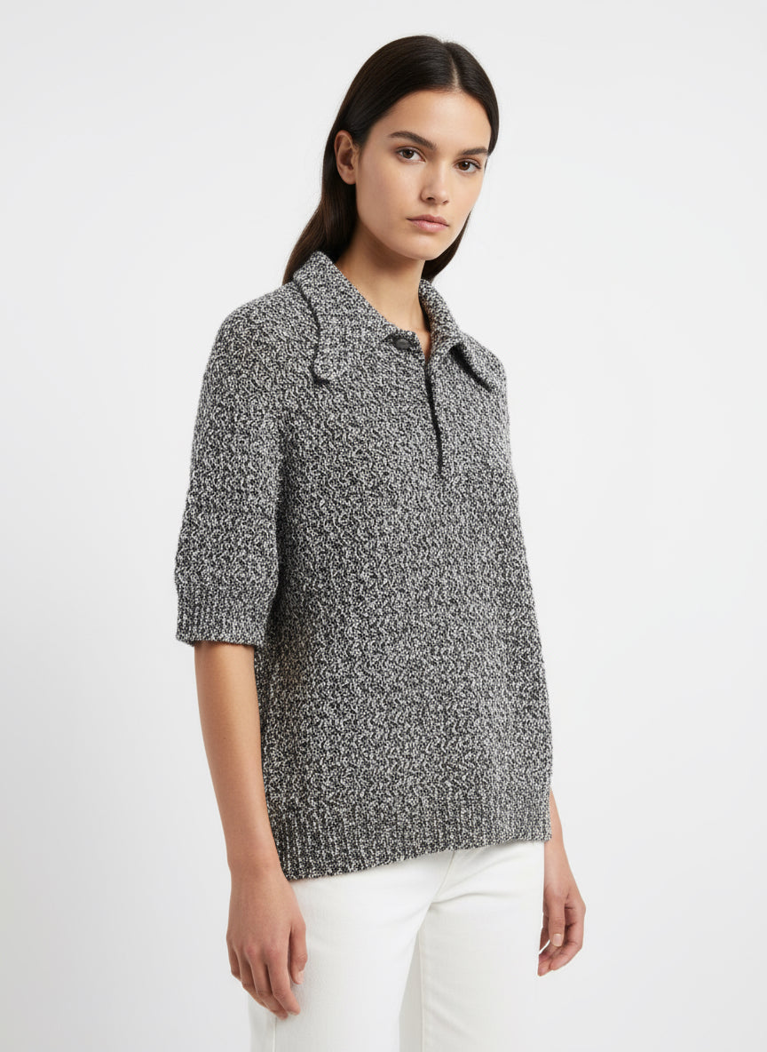 Vintage textured Knit Polo shirt sleeve sweater