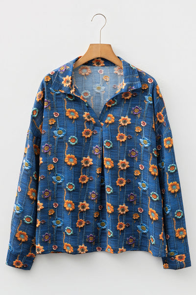 Women's Relaxed Fit Blue Floral Print Blouse - Stylish Short Sleeve Summer Top for Casual Outings and Everyday Wear