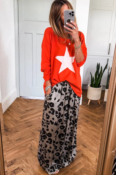 Women's Relaxed Fit Orange Silky Animal Print Wide Leg Trousers with Drawstring for Effortless Chic Style