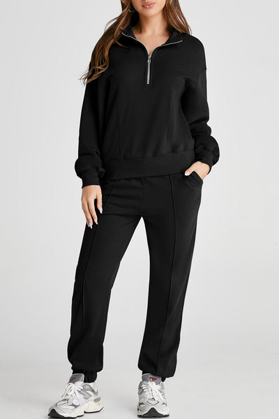 Women's Black Half-Zip Pullover Activewear Top & Joggers Set - Stylish, Comfortable Fitness Outfit for Everyday Wear