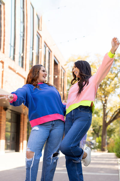Trendy Women's Pink Colorblock Bubble Sleeve Sweatshirt - Cozy Casual Top for Effortless Everyday Style