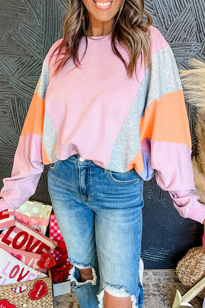Cozy Light Pink Color Block Batwing Sleeve Sweatshirt for Women - Loose Fit Casual Style Perfect for Everyday Wear