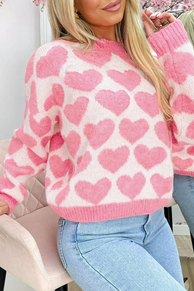 Women's Strawberry Pink Heart Print Knit Sweater | Drop Shoulder Top