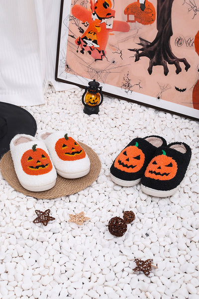 Women‚Äôs Cozy Black Pumpkin Print Plush Slippers Ideal for Halloween & Fall Comfort at Home