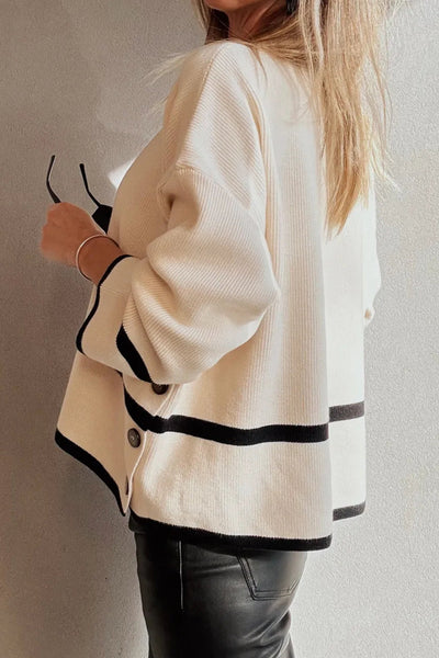 Beige Ribbed Knit Sweater for Women with Contrasting Stripes and Button Side Detail - Loose Fit, Cozy Style