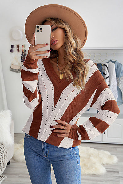 Women's Brown Striped Colorblock V-Neck Knit Sweater - Cozy Casual Fit for Fall & Winter Fashion