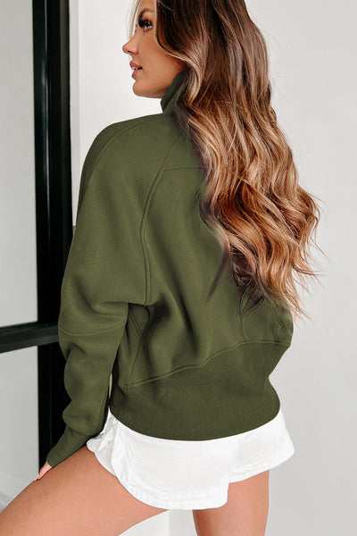 Women's Cozy Green Fleece-Lined Zip-Up Sweatshirt with Stand Collar & Thumbhole Sleeves for Ultimate Comfort