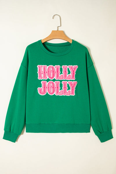 Women's Sea Green "Holly Jolly" Holiday Sweatshirt - Embroidered Towel Design, Cozy Comfort Fit for Festive Style