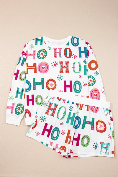 Plus Size Women's White Christmas Ho Ho Ho Print Long Sleeve Lounge Top & Shorts Set - Festive Comfort Outfit
