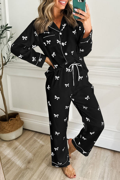 elegant women's black bow print two-piece pajama set for cozy nights and lazy mornings in soft, breathable fabric with practical styling and