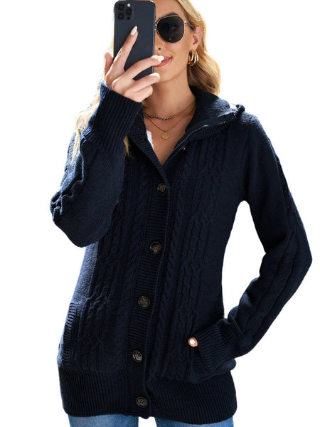 Navy Blue Cable Knit Faux Fur-Lined Hooded Sweater Coat