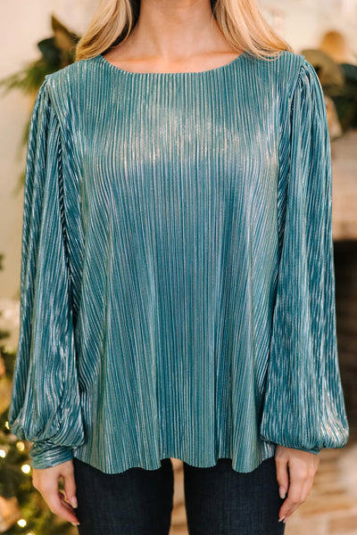 Elegant Women's Lapis Metallic Pleated Blouse with Keyhole Back & Long Puff Sleeves - Chic Style for Any Occasion