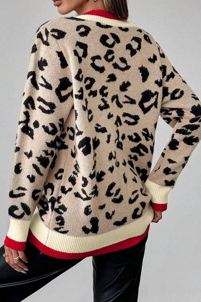 Trendy Women's Khaki Leopard Knit Sweater with Striped Trim - Cozy V-Neck for Chic Fall Style