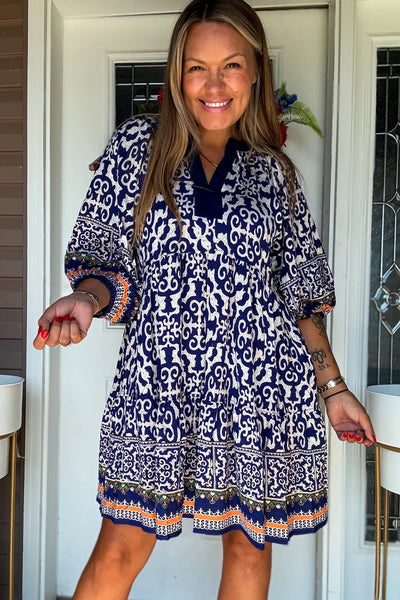 Women's Chic Blue Boho Mini Dress with Geometric Print & Contrast Trim - Perfect for Stylish Summer Outings