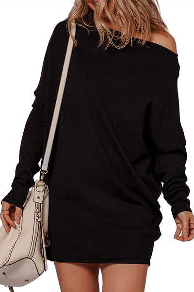 Trendy Women's Black Asymmetric Batwing Sleeve Mini Sweater Dress Effortless Chic Style for Any Occasion