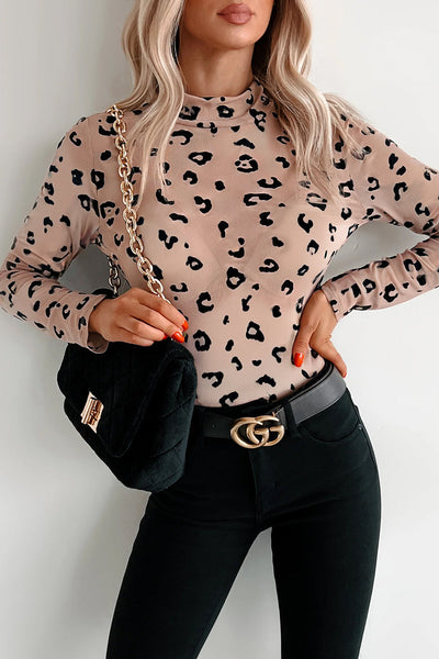 Trendy Women's Khaki Leopard Print Sheer Mesh Long Sleeve Bodysuit  Chic Mock Neck Style for Effortless Fashion