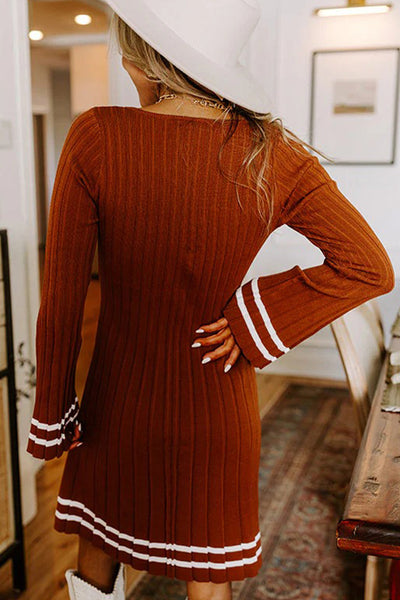 Trendy Women's Gold Flame V-Neck Mini Dress with Striped Bell Sleeves - Chic Wide Rib Knit for a Stylish Look