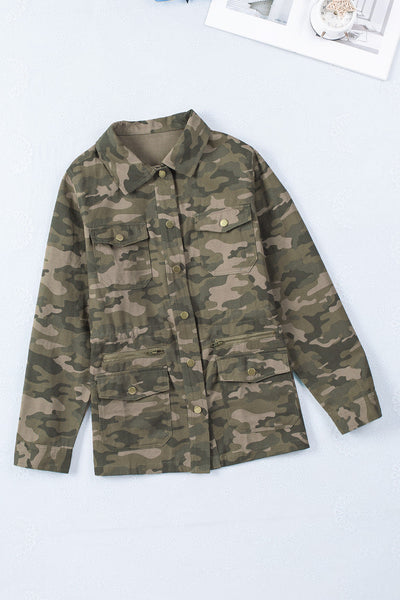 Women's Green Camouflage Print Utility Jacket with Button Closure and Multiple Pockets