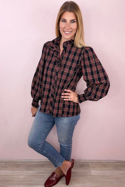 Trendy Women's Multicolored Plaid Puff Sleeve Blouse with Frill Collar - Chic Style for Fashionable Outfits