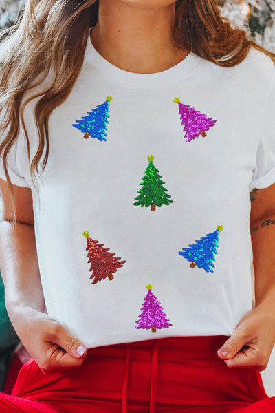 Women's Sequined Christmas Tree Graphic Tee with Rolled Cuffs